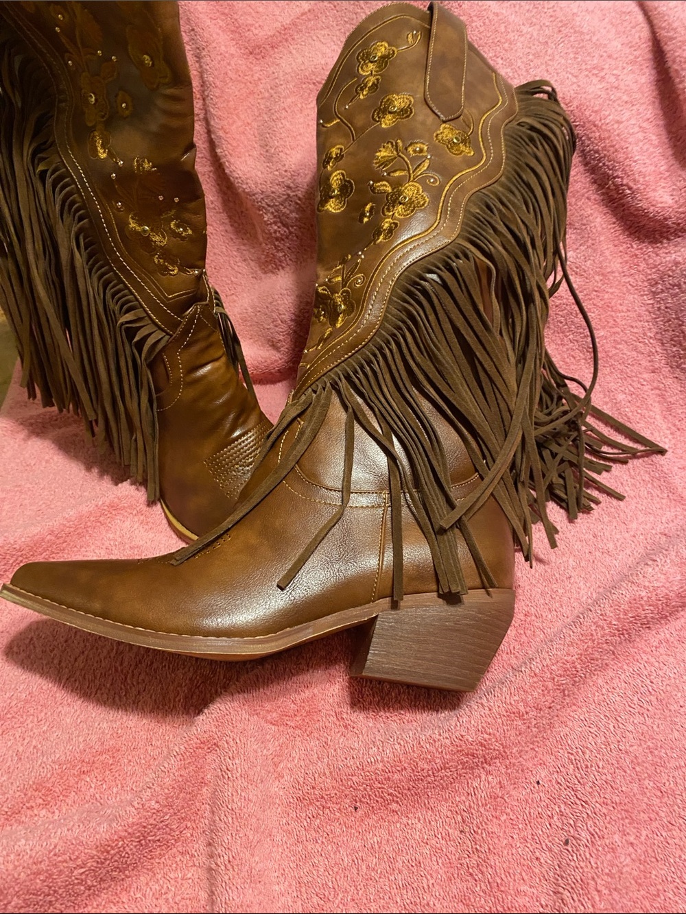 Fringe Embroidered Western Knee-High Heeled Boots - Brown